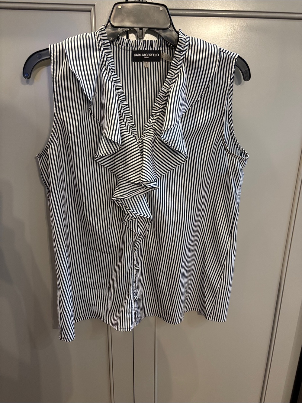 Karl Lagerfeld Black and White Striped Ruffle V-Neck Sleeveless Blouse M